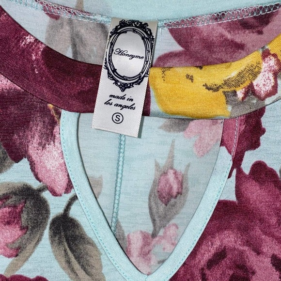 S Honeyme Blue Floral Print Keyhole V Neck Light Blue Flowy Tunic Slinky Dress - Picture 6 of 6